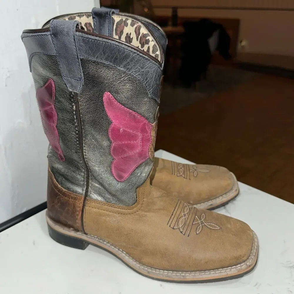 Smoky Mountain Youth Unisex Riley Leather Brown/Pink Boots, Size 7Y, EUC